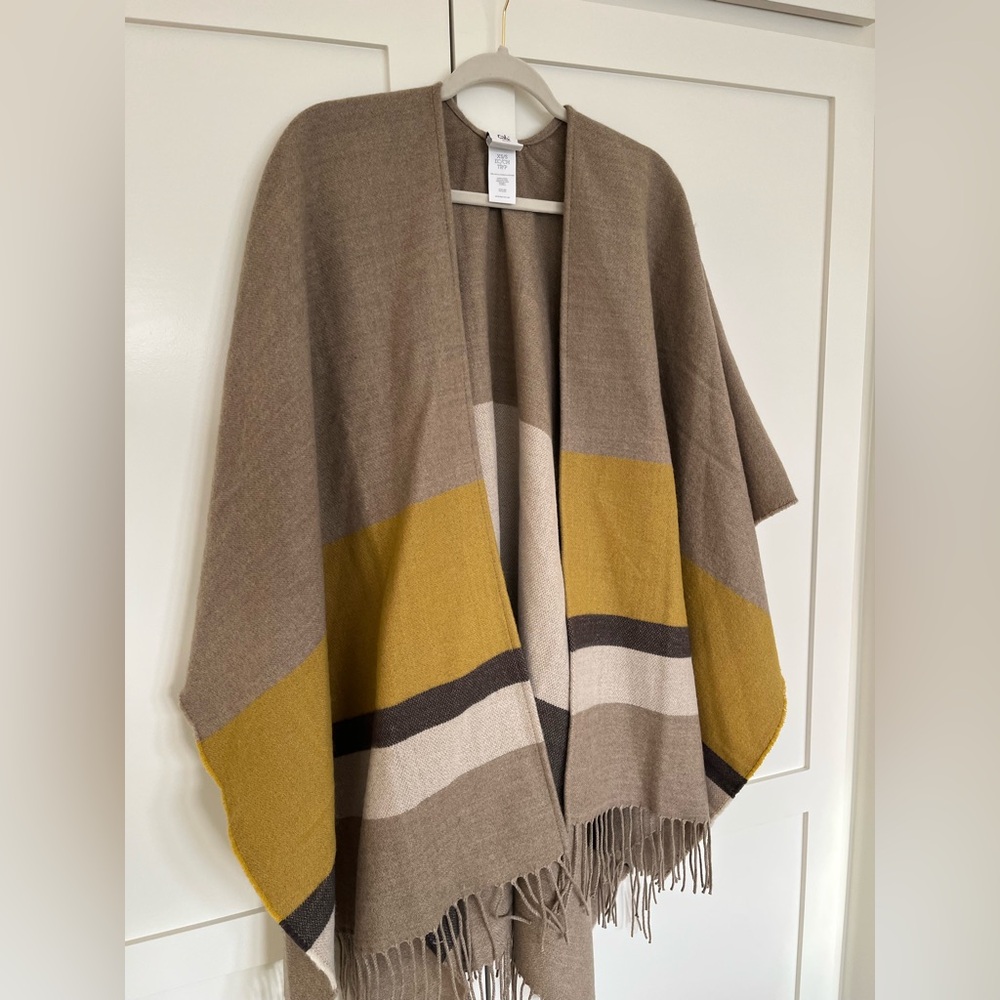 CAbi Knit Fringe Poncho Blanket Wrap Mustard Taupe - Picture 4 of 11